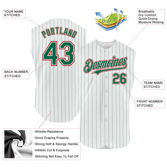 Custom White Kelly Green Pinstripe Red Authentic Sleeveless Baseball Jersey - Sky-Custom