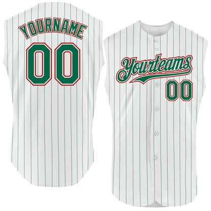 Custom White Kelly Green Pinstripe Red Authentic Sleeveless Baseball Jersey - Sky-Custom