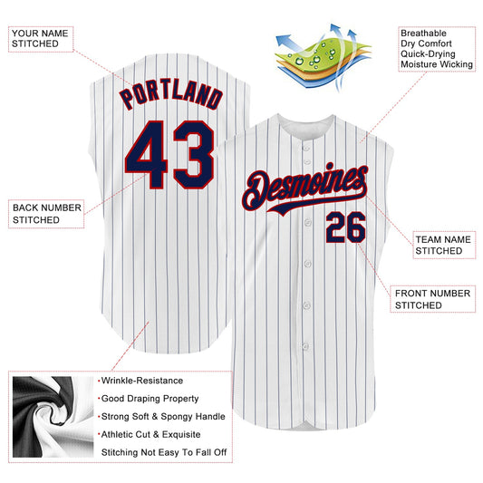 Custom White Navy Pinstripe Red Authentic Sleeveless Baseball Jersey - Sky-Custom