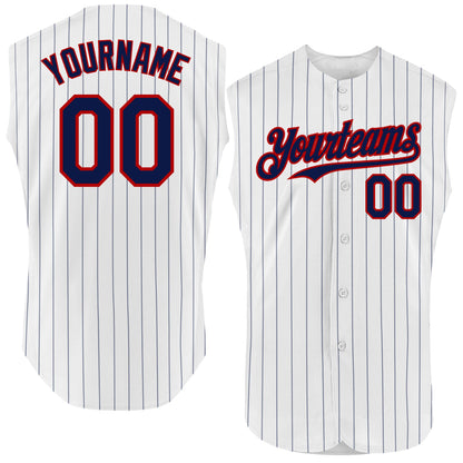 Custom White Navy Pinstripe Red Authentic Sleeveless Baseball Jersey - Sky-Custom