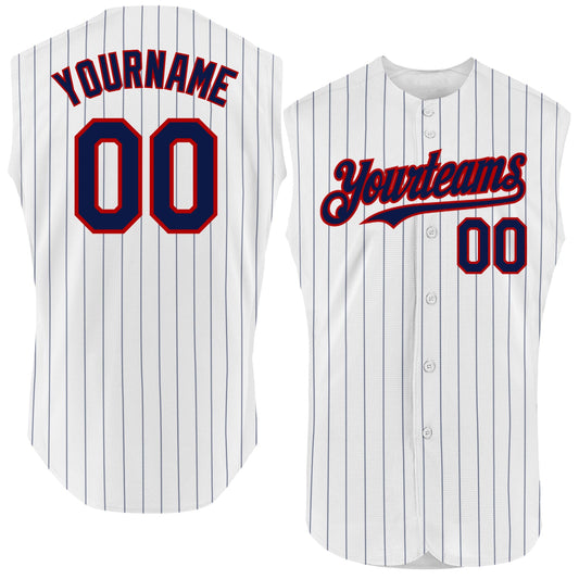 Custom White Navy Pinstripe Red Authentic Sleeveless Baseball Jersey - Sky-Custom