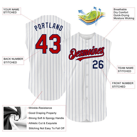 Custom White Navy Pinstripe Red Authentic Sleeveless Baseball Jersey - Sky-Custom