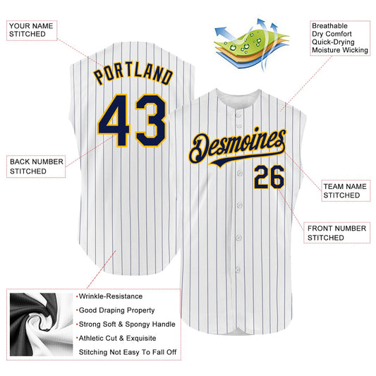 Custom White Navy Pinstripe Gold Authentic Sleeveless Baseball Jersey - Sky-Custom