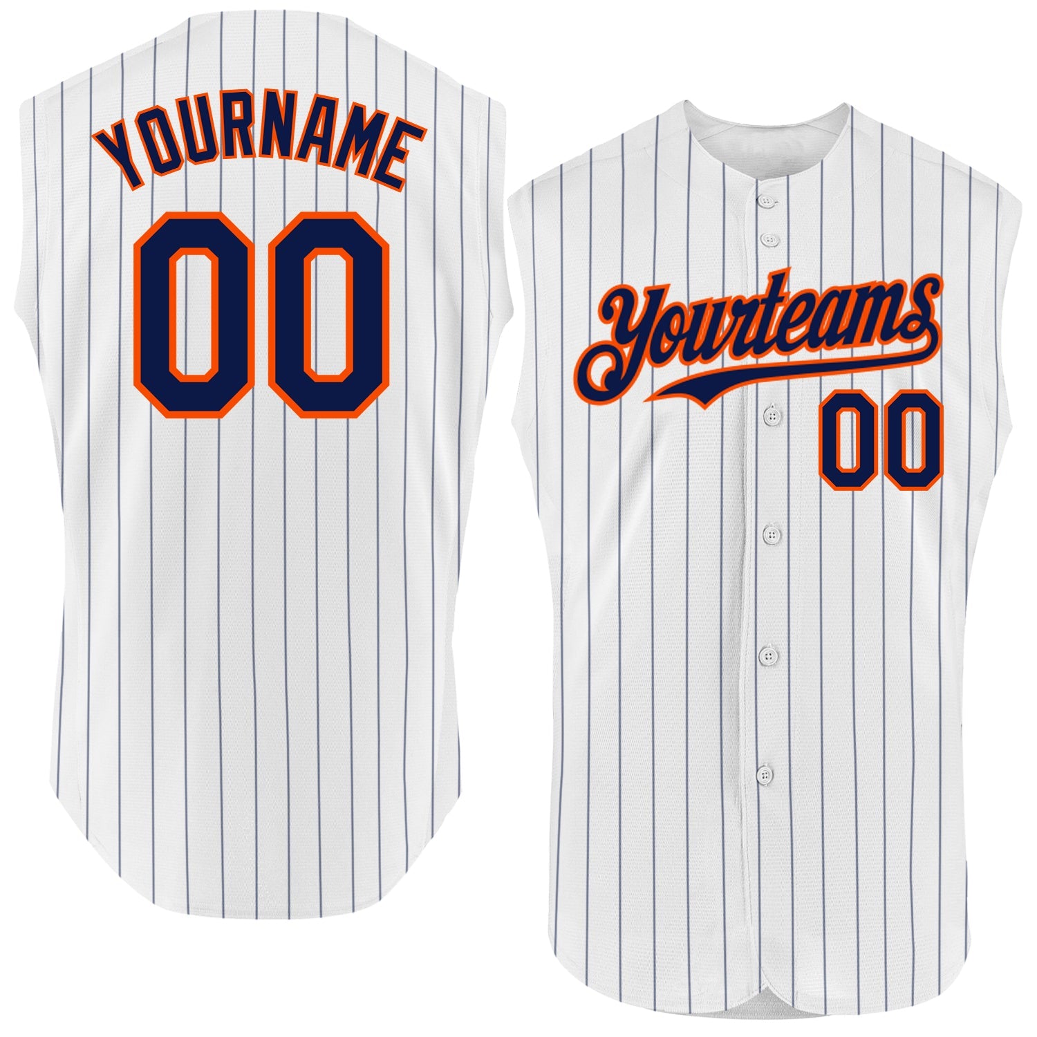 Custom White Navy Pinstripe Orange Authentic Sleeveless Baseball Jersey - Sky-Custom