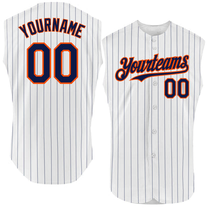 Custom White Navy Pinstripe Orange Authentic Sleeveless Baseball Jersey - Sky-Custom
