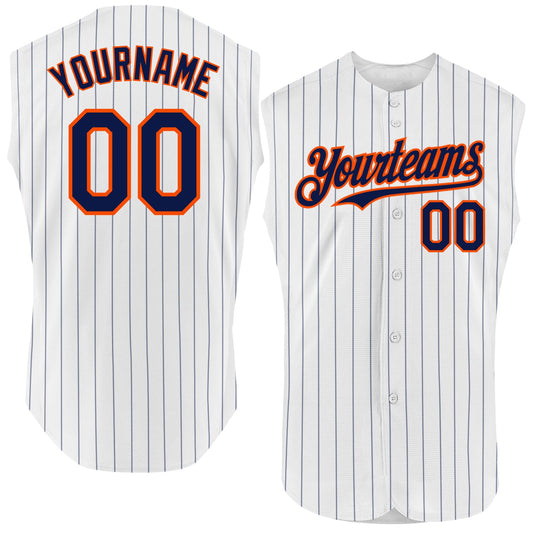 Custom White Navy Pinstripe Orange Authentic Sleeveless Baseball Jersey - Sky-Custom