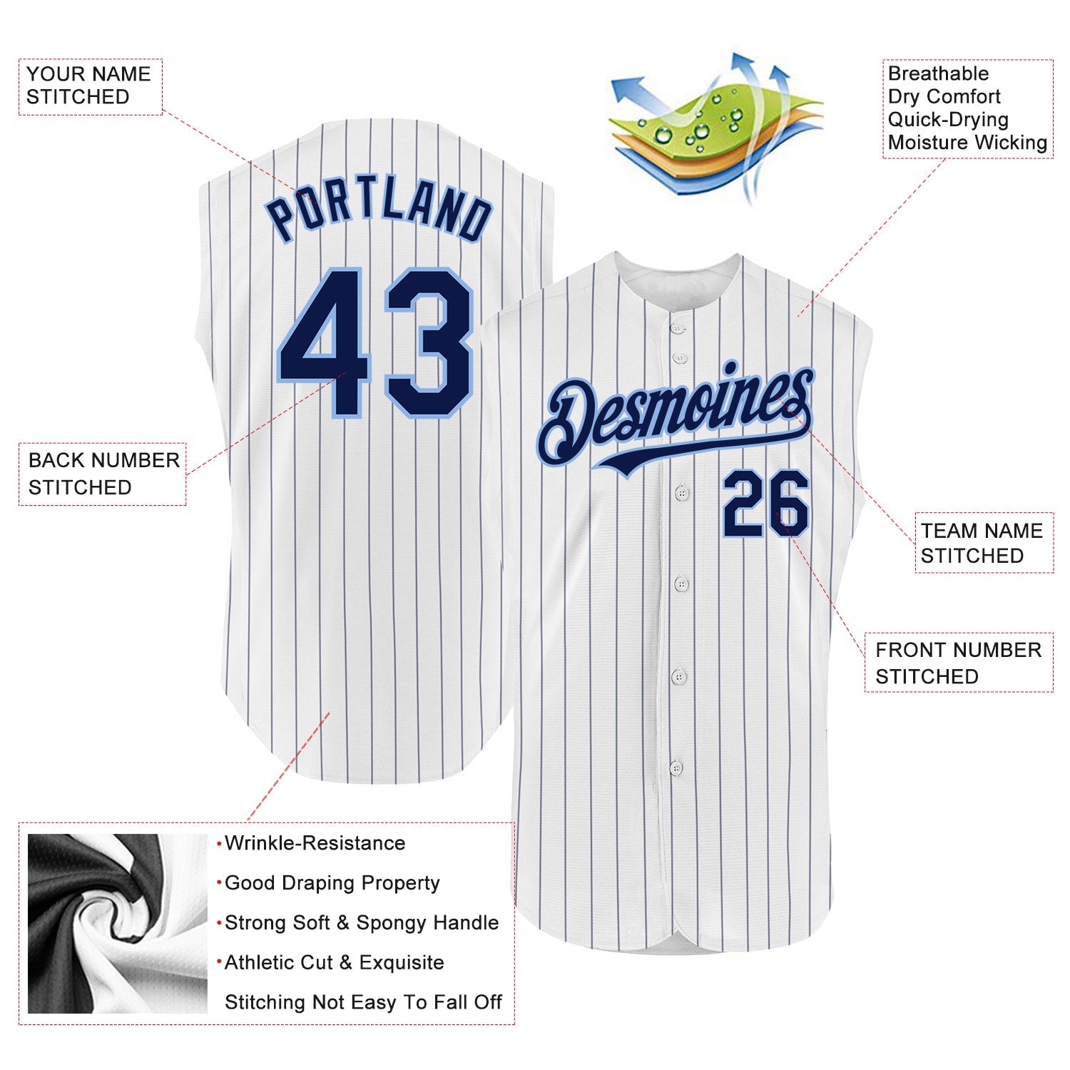 Custom White Navy Pinstripe Light Blue Authentic Sleeveless Baseball Jersey - Sky-Custom