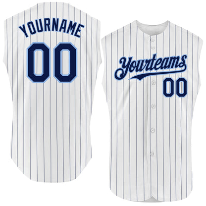 Custom White Navy Pinstripe Light Blue Authentic Sleeveless Baseball Jersey - Sky-Custom