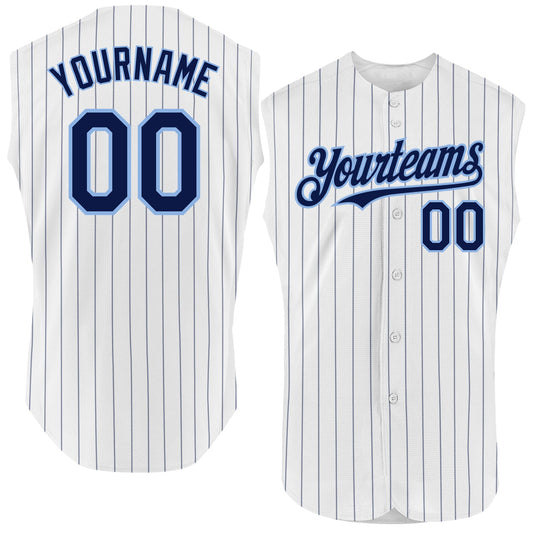 Custom White Navy Pinstripe Light Blue Authentic Sleeveless Baseball Jersey - Sky-Custom