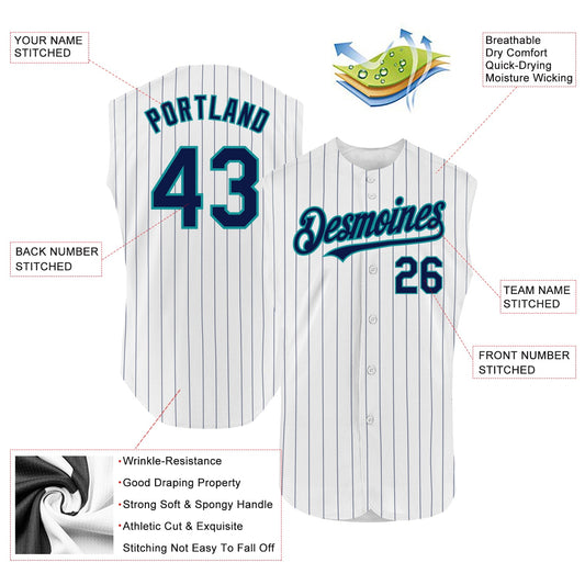 Custom White Navy Pinstripe Teal Authentic Sleeveless Baseball Jersey - Sky-Custom
