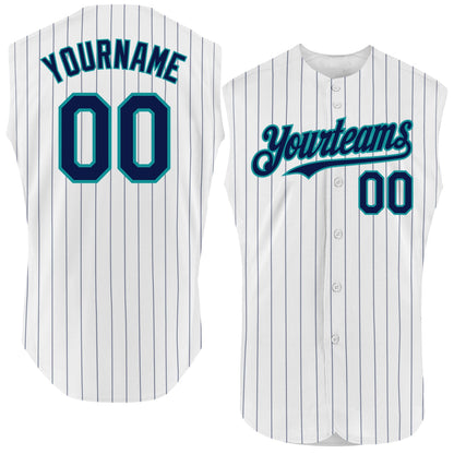 Custom White Navy Pinstripe Teal Authentic Sleeveless Baseball Jersey - Sky-Custom