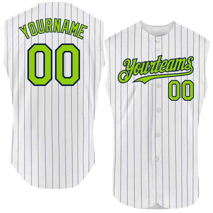 Custom White Navy Pinstripe Neon Green Authentic Sleeveless Baseball Jersey - Sky-Custom