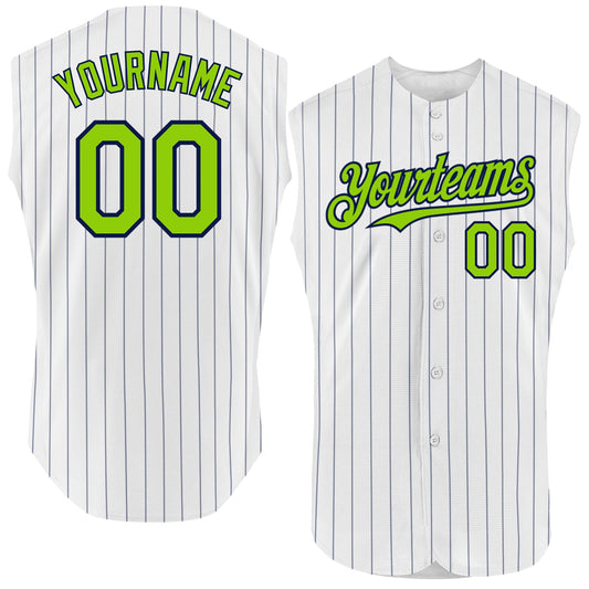 Custom White Navy Pinstripe Neon Green Authentic Sleeveless Baseball Jersey - Sky-Custom