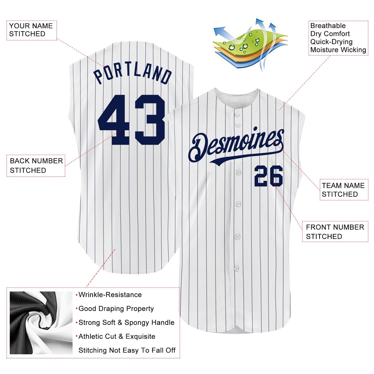 Custom White Navy Pinstripe Navy Authentic Sleeveless Baseball Jersey - Sky-Custom