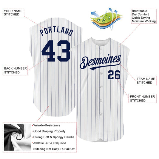 Custom White Navy Pinstripe Navy Authentic Sleeveless Baseball Jersey - Sky-Custom