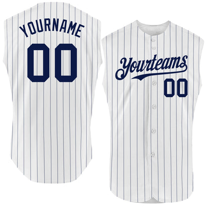Custom White Navy Pinstripe Navy Authentic Sleeveless Baseball Jersey - Sky-Custom