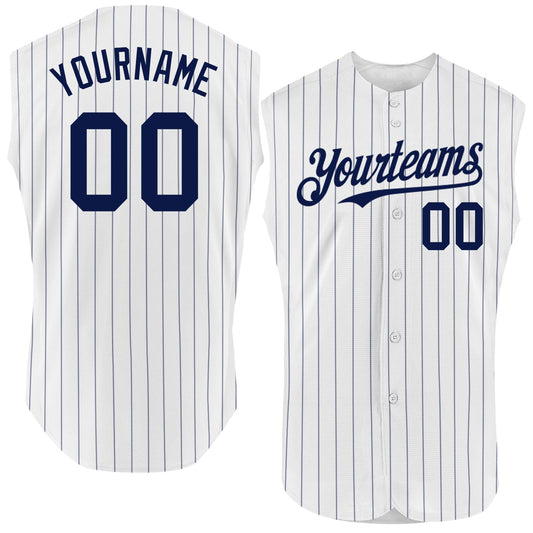 Custom White Navy Pinstripe Navy Authentic Sleeveless Baseball Jersey - Sky-Custom