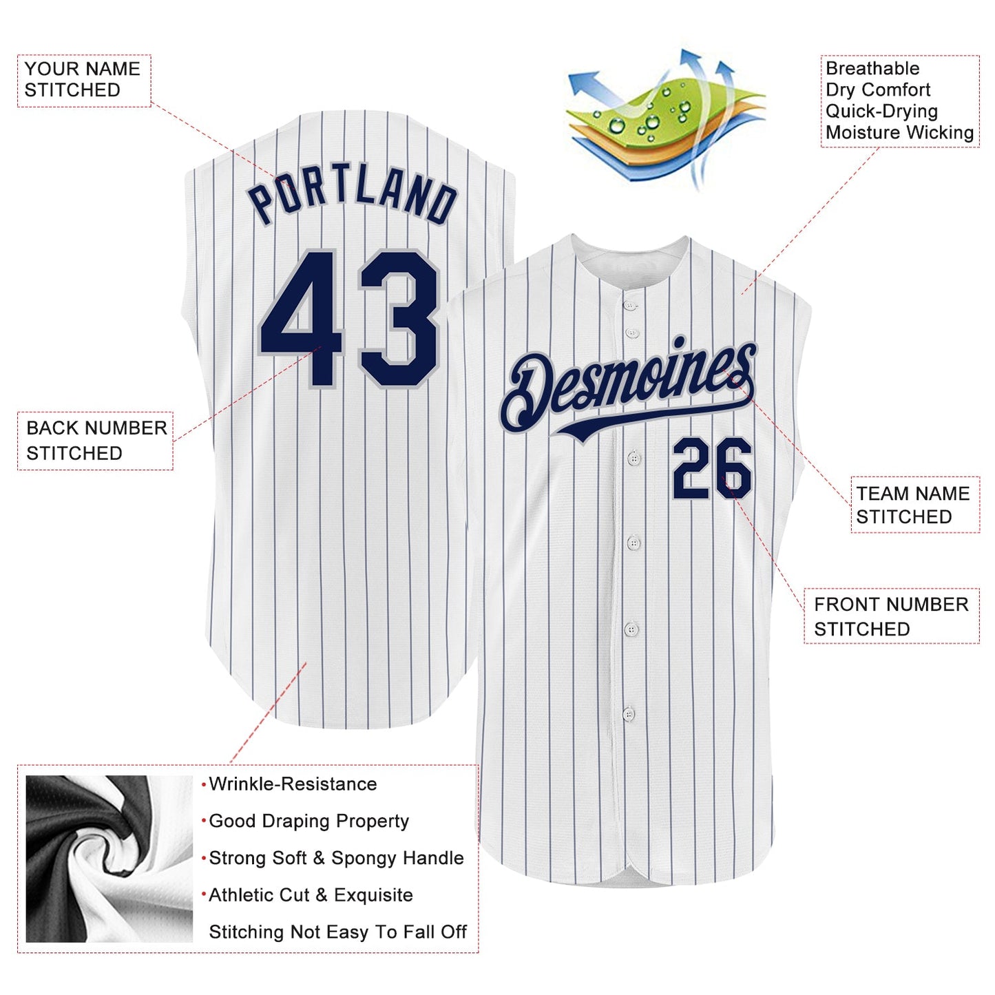 Custom White Navy Pinstripe Gray Authentic Sleeveless Baseball Jersey - Sky-Custom