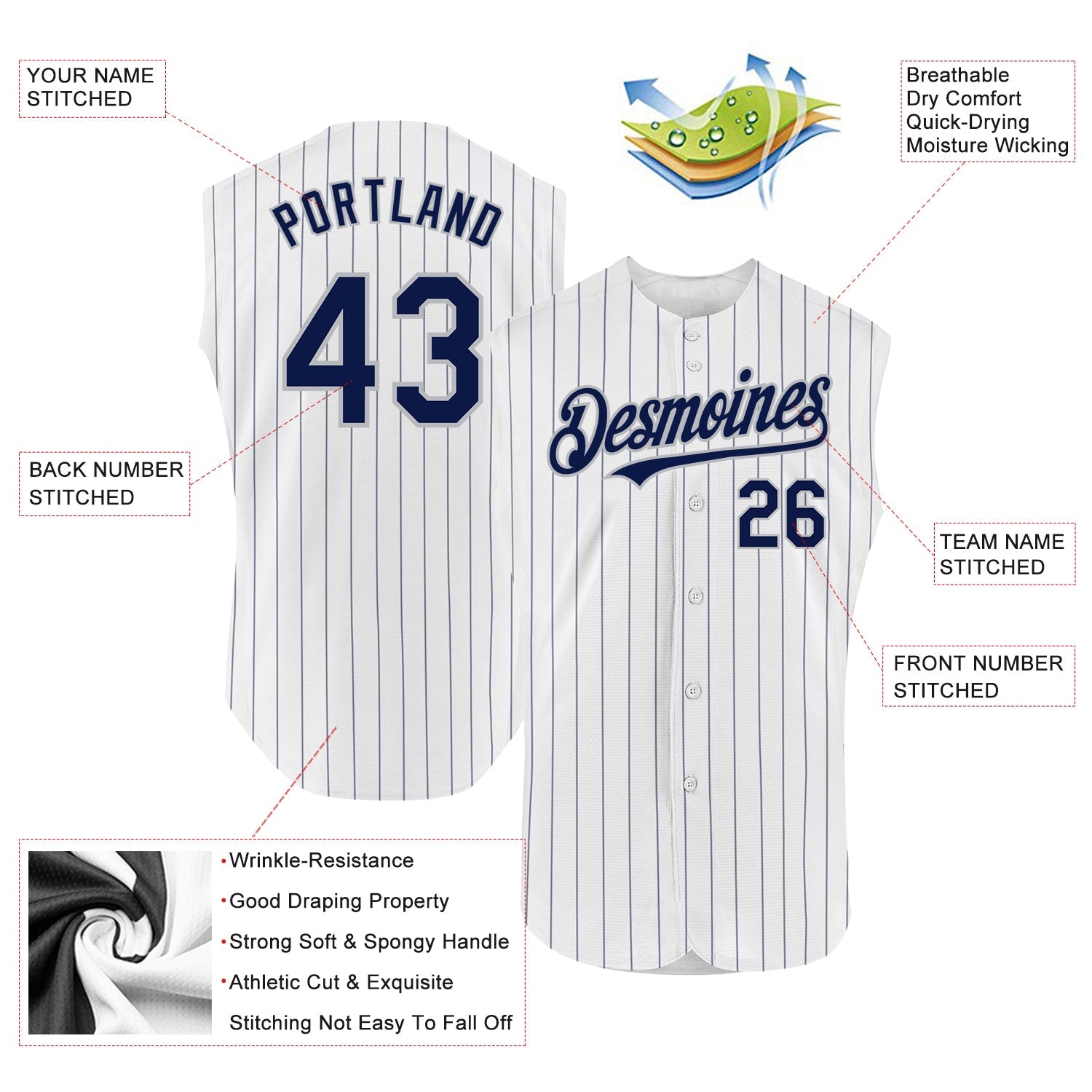 Custom White Navy Pinstripe Gray Authentic Sleeveless Baseball Jersey - Sky-Custom