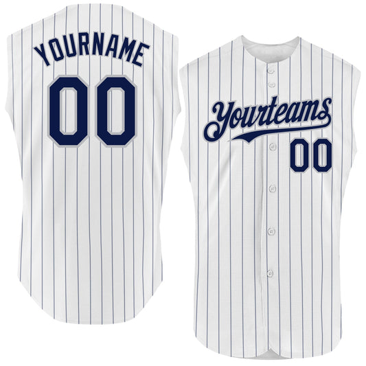Custom White Navy Pinstripe Gray Authentic Sleeveless Baseball Jersey - Sky-Custom