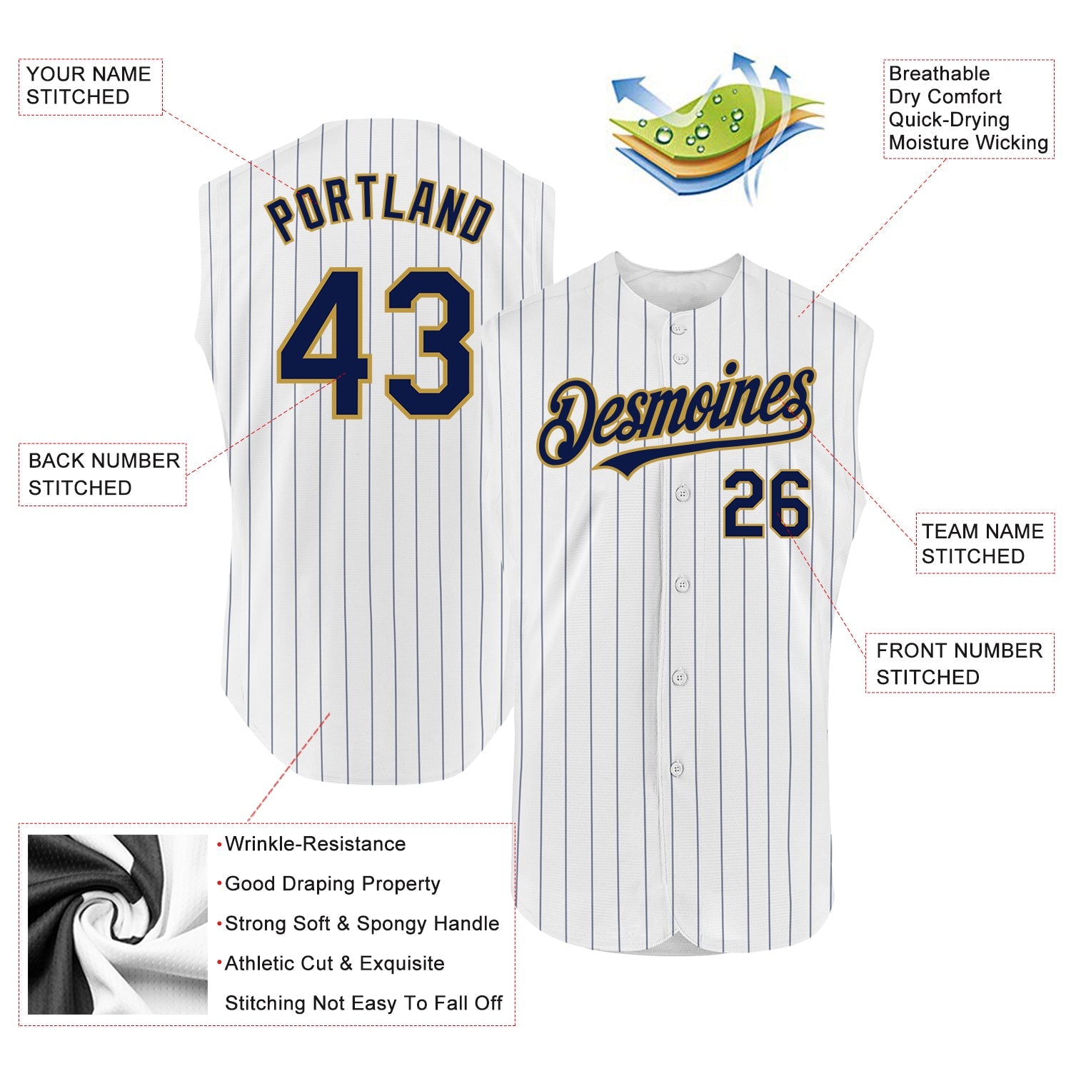 Custom White Navy Pinstripe Old Gold Authentic Sleeveless Baseball Jersey - Sky-Custom