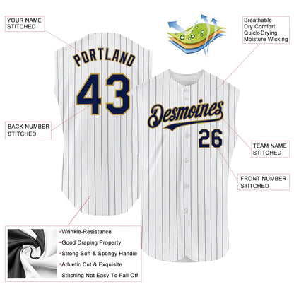 Custom White Navy Pinstripe Old Gold Authentic Sleeveless Baseball Jersey - Sky-Custom