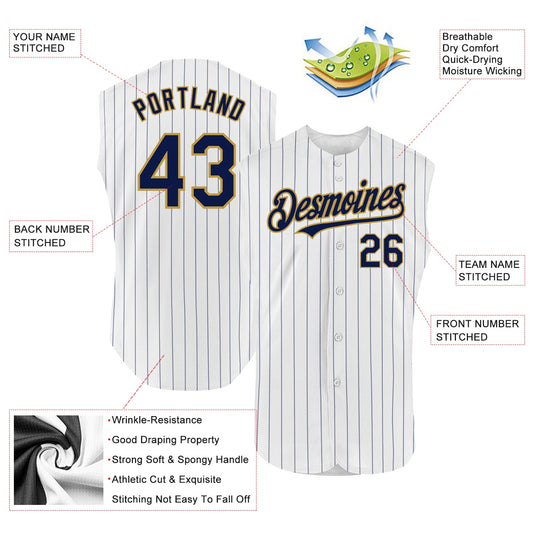 Custom White Navy Pinstripe Old Gold Authentic Sleeveless Baseball Jersey - Sky-Custom
