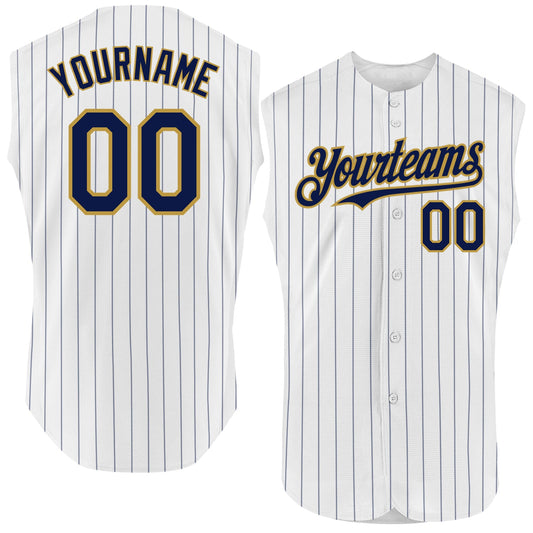 Custom White Navy Pinstripe Old Gold Authentic Sleeveless Baseball Jersey - Sky-Custom