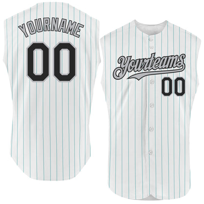 Custom White Teal Pinstripe Black-Gray Authentic Sleeveless Baseball Jersey - Sky-Custom
