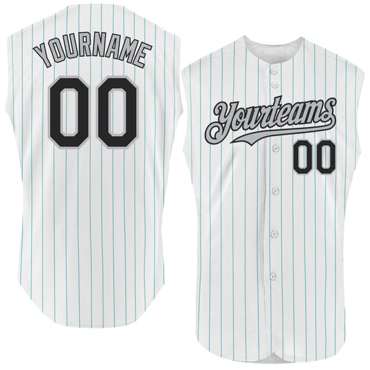 Custom White Teal Pinstripe Black-Gray Authentic Sleeveless Baseball Jersey - Sky-Custom