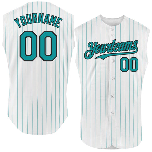 Custom White Teal Pinstripe Black Authentic Sleeveless Baseball Jersey - Sky-Custom