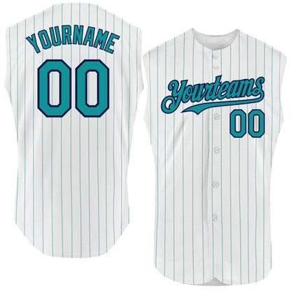 Custom White Teal Pinstripe Navy Authentic Sleeveless Baseball Jersey - Sky-Custom