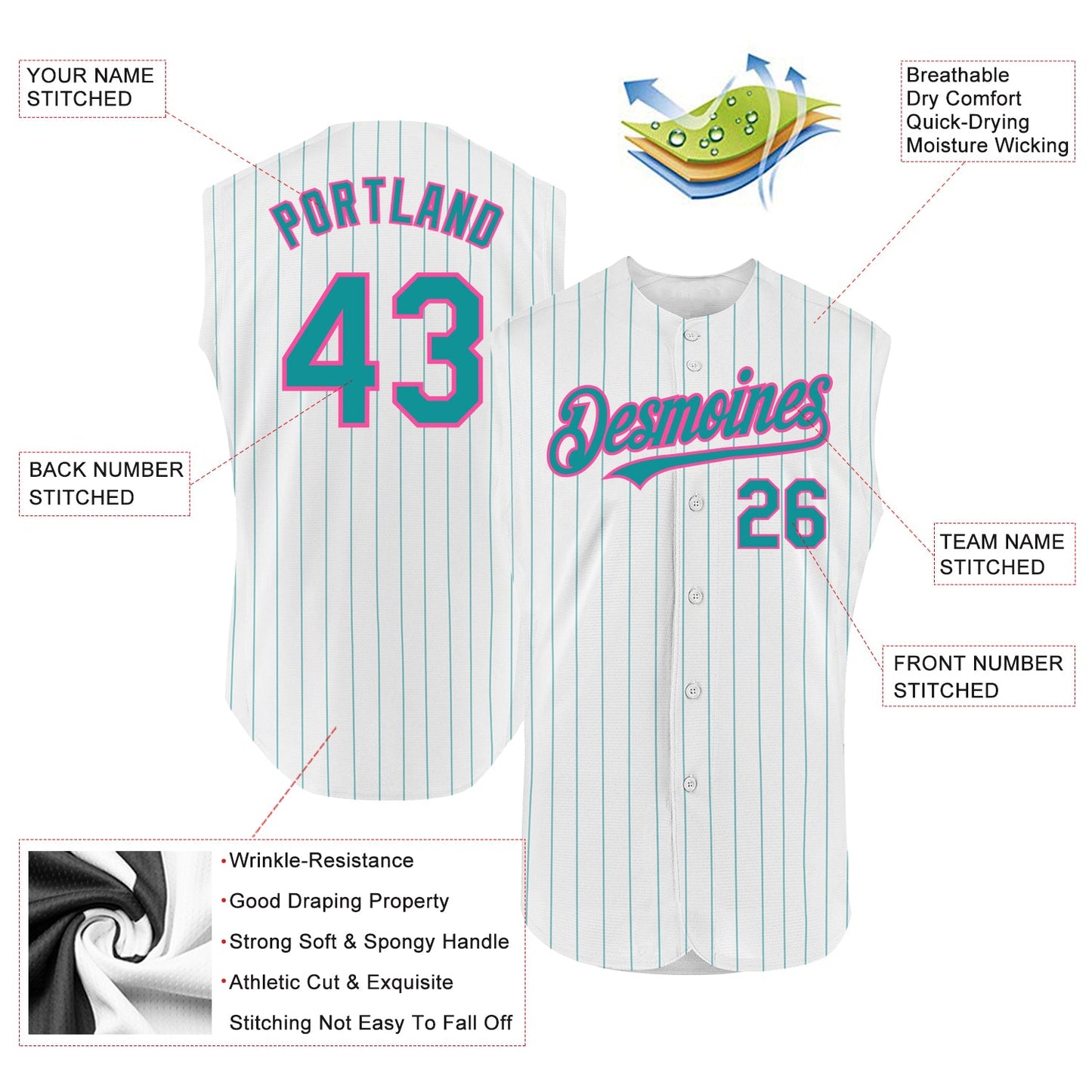 Custom White Teal Pinstripe Pink Authentic Sleeveless Baseball Jersey - Sky-Custom