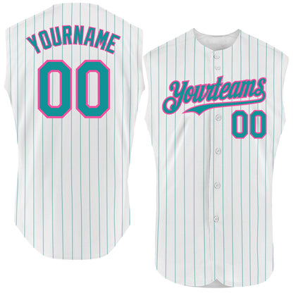 Custom White Teal Pinstripe Pink Authentic Sleeveless Baseball Jersey - Sky-Custom