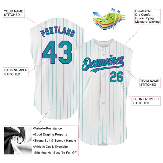 Custom White Teal Pinstripe Purple Authentic Sleeveless Baseball Jersey - Sky-Custom