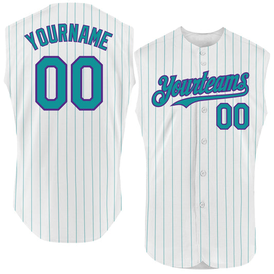 Custom White Teal Pinstripe Purple Authentic Sleeveless Baseball Jersey - Sky-Custom