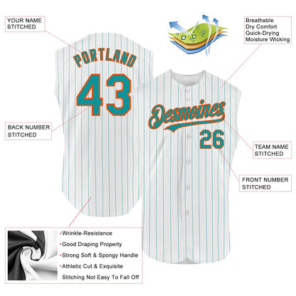 Custom White Teal Pinstripe Orange Authentic Sleeveless Baseball Jersey - Sky-Custom