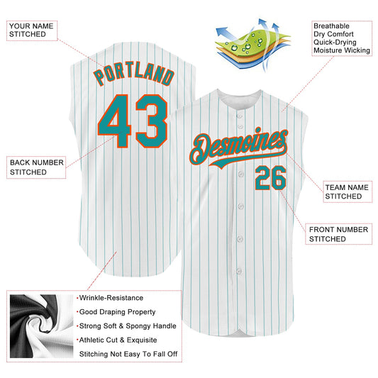 Custom White Teal Pinstripe Orange Authentic Sleeveless Baseball Jersey - Sky-Custom