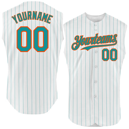 Custom White Teal Pinstripe Orange Authentic Sleeveless Baseball Jersey - Sky-Custom