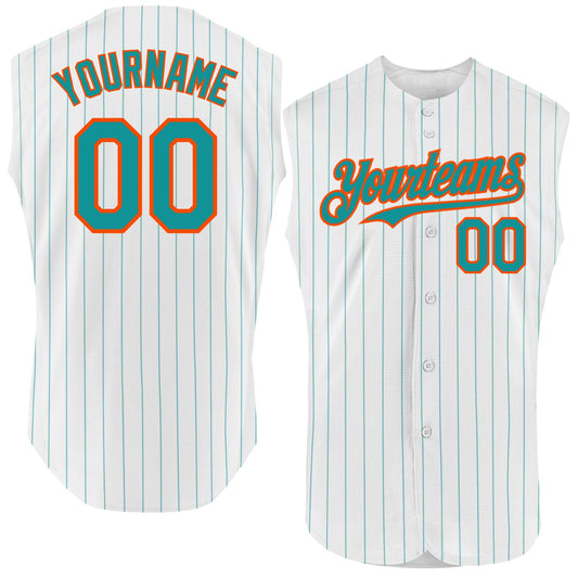 Custom White Teal Pinstripe Orange Authentic Sleeveless Baseball Jersey - Sky-Custom