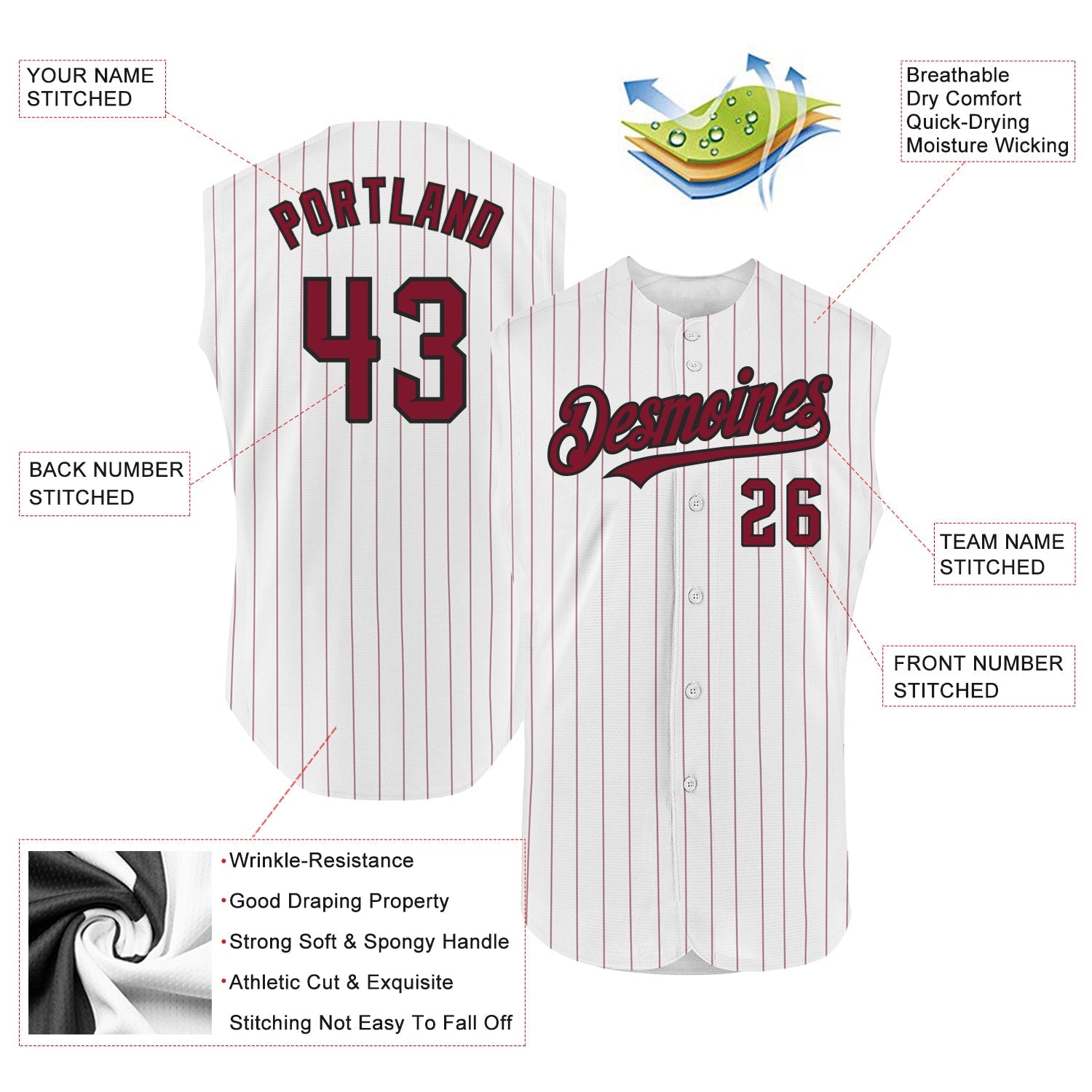 Custom White Crimson Pinstripe Black Authentic Sleeveless Baseball Jersey - Sky-Custom