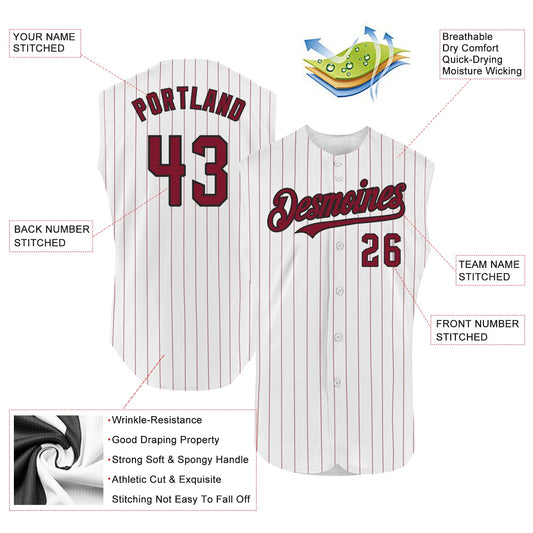 Custom White Crimson Pinstripe Black Authentic Sleeveless Baseball Jersey - Sky-Custom