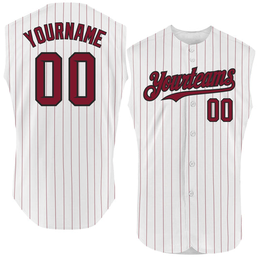Custom White Crimson Pinstripe Black Authentic Sleeveless Baseball Jersey - Sky-Custom