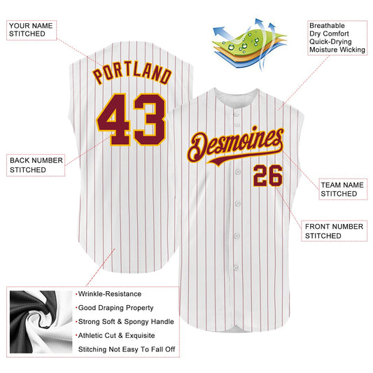 Custom White Crimson Pinstripe Gold Authentic Sleeveless Baseball Jersey - Sky-Custom