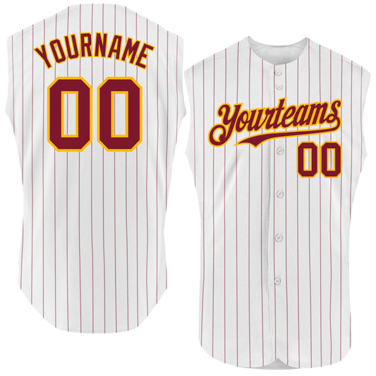 Custom White Crimson Pinstripe Gold Authentic Sleeveless Baseball Jersey - Sky-Custom