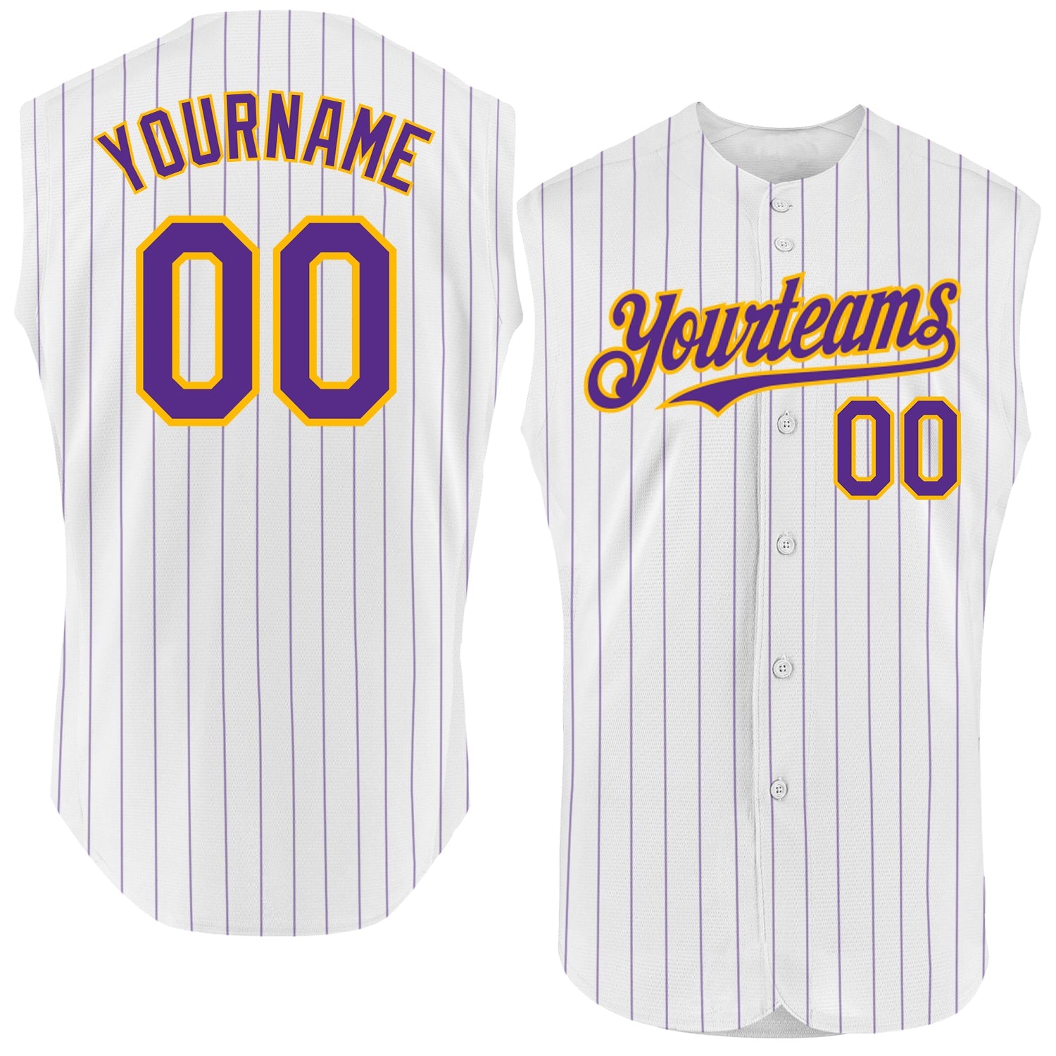 Custom White Purple Pinstripe Gold Authentic Sleeveless Baseball Jersey - Sky-Custom