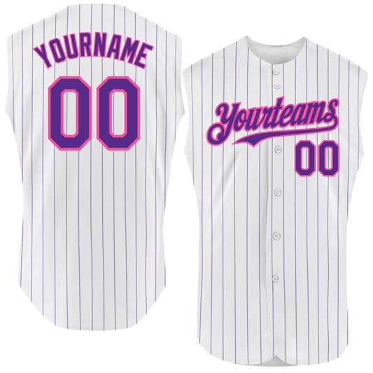 Custom White Purple Pinstripe Pink Authentic Sleeveless Baseball Jersey - Sky-Custom