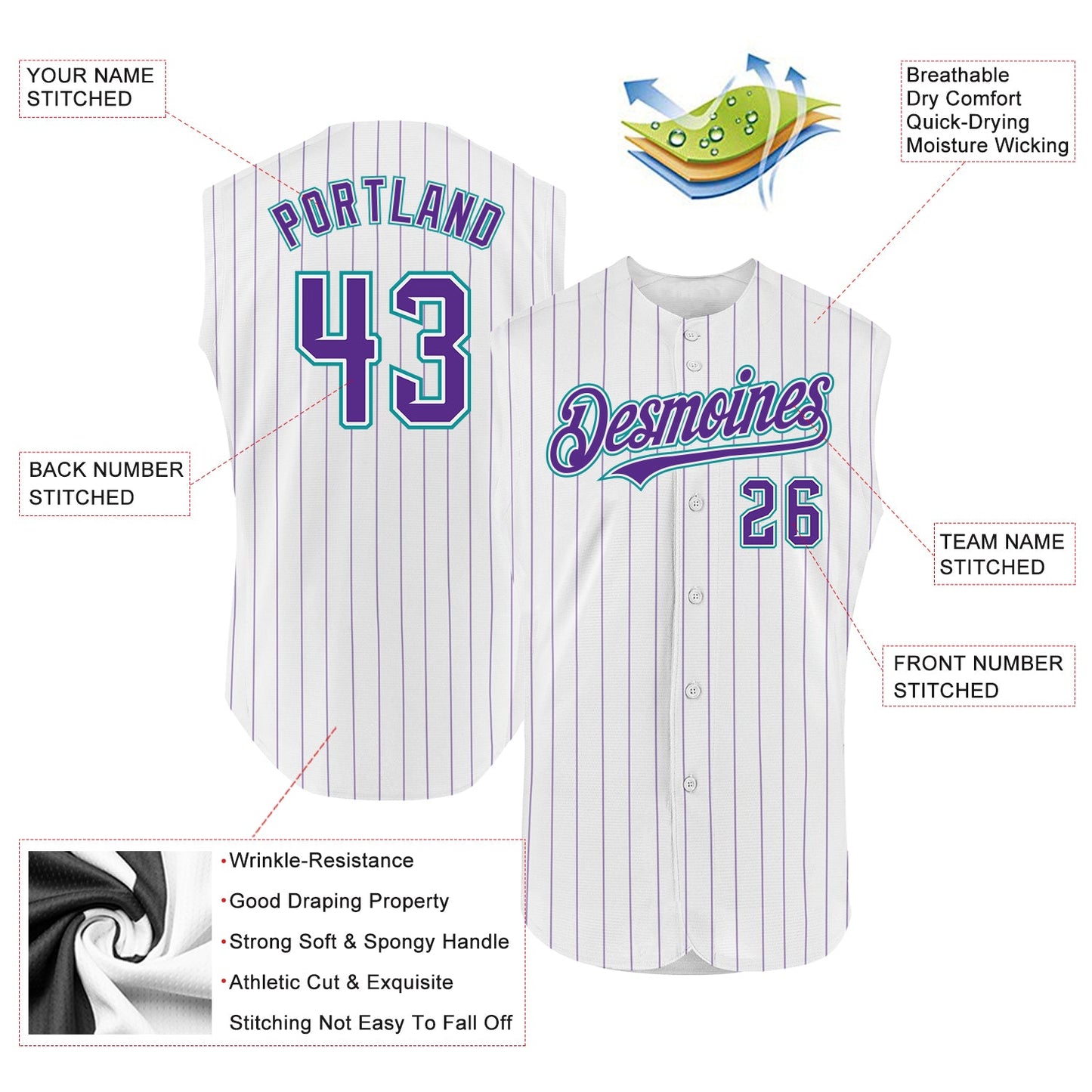 Custom White Purple Pinstripe Teal Authentic Sleeveless Baseball Jersey - Sky-Custom