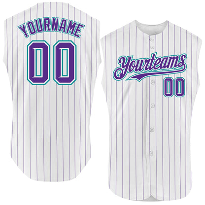 Custom White Purple Pinstripe Teal Authentic Sleeveless Baseball Jersey - Sky-Custom