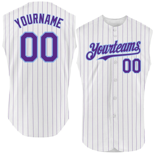 Custom White Purple Pinstripe Light Blue Authentic Sleeveless Baseball Jersey - Sky-Custom